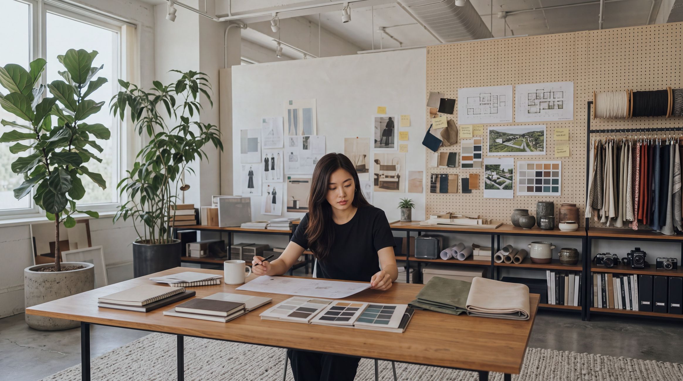 Designer reviewing plans at a desk in a bright studio