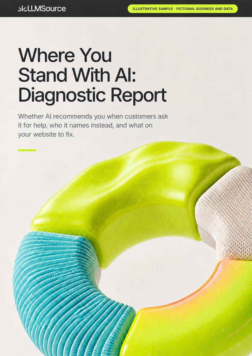 Sample report cover: Where you stand with AI, diagnostic report for Example Medical. AI Representation Score 30, needs work. AI Quality Score 74, almost there.