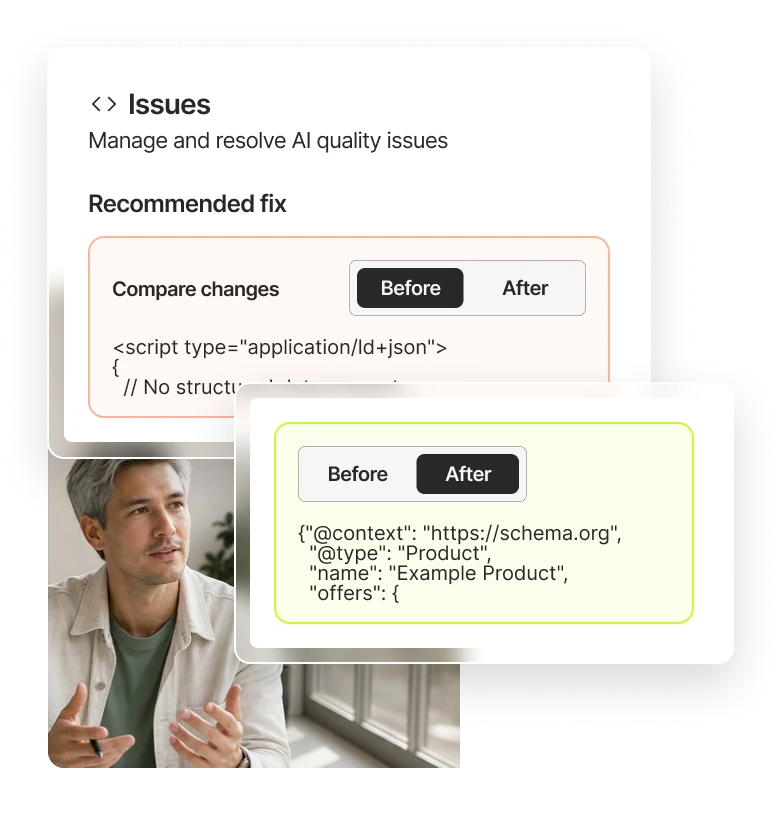 Recommended fix with a before and after comparison, ready to approve and verify