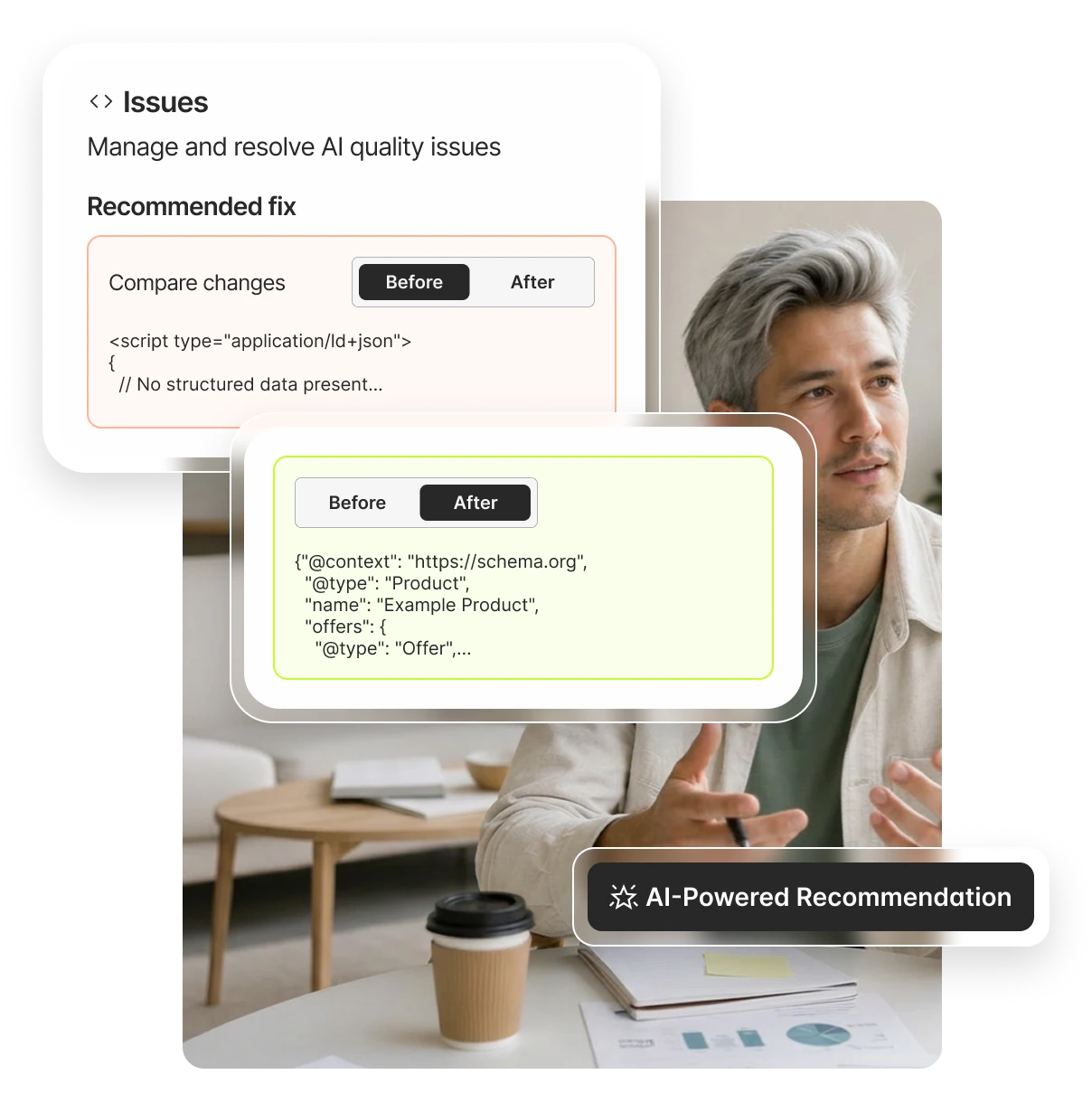 Recommended fix with a before and after comparison, ready to approve and verify