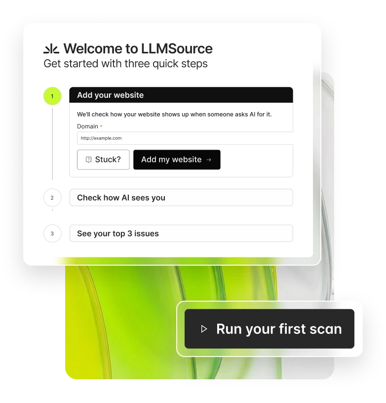 Guided onboarding flow setting up a business profile and running a first scan
