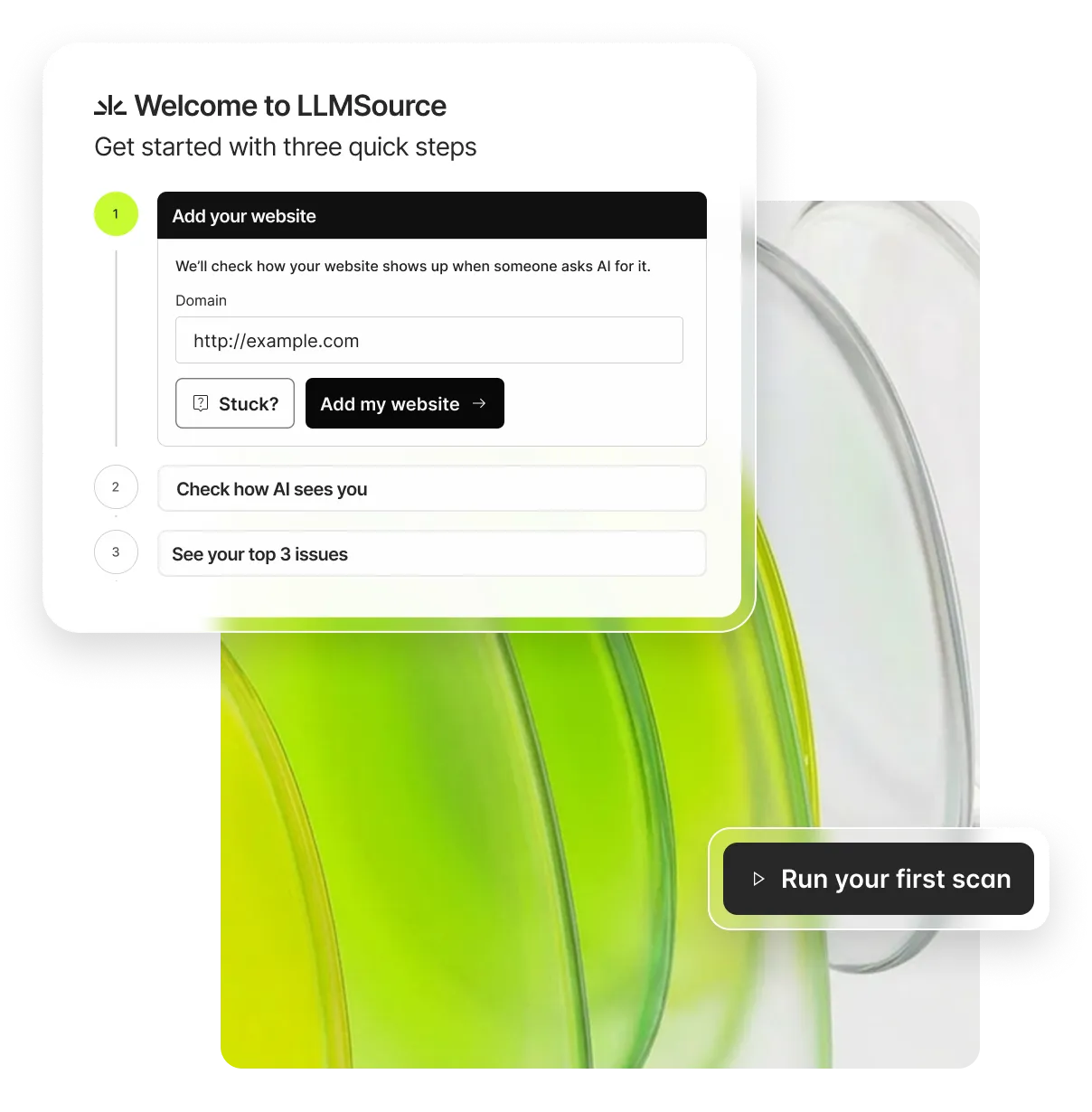 Guided onboarding flow setting up a business profile and running a first scan