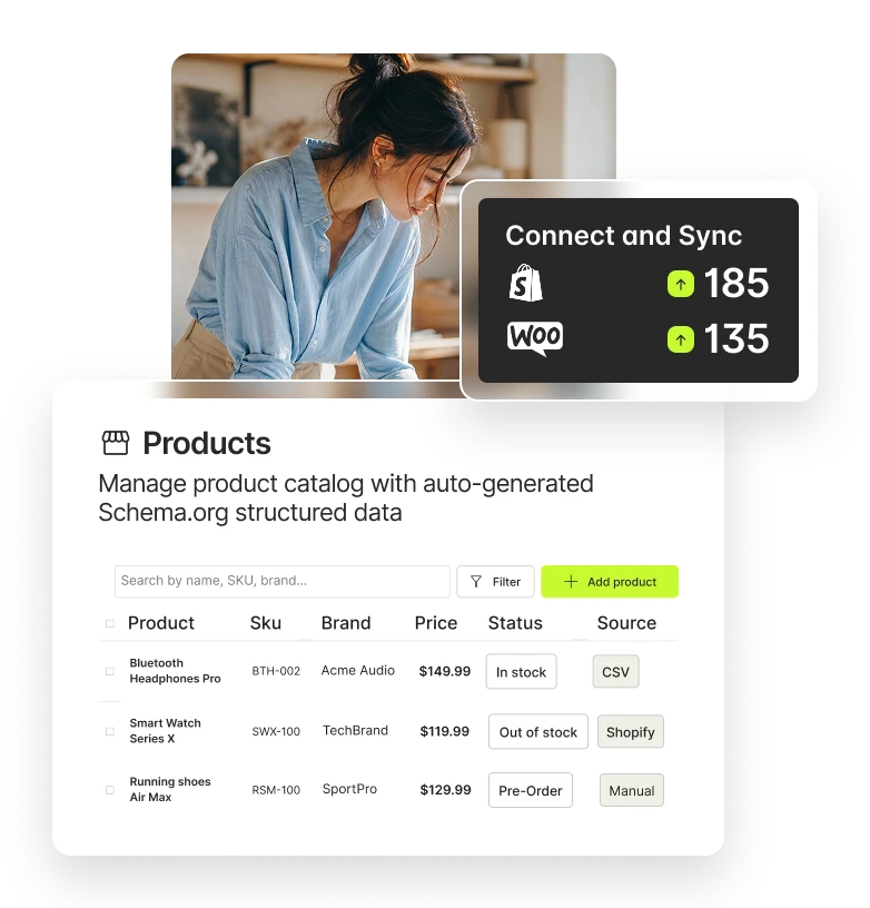 Product catalog panel keeping product data in sync for AI systems