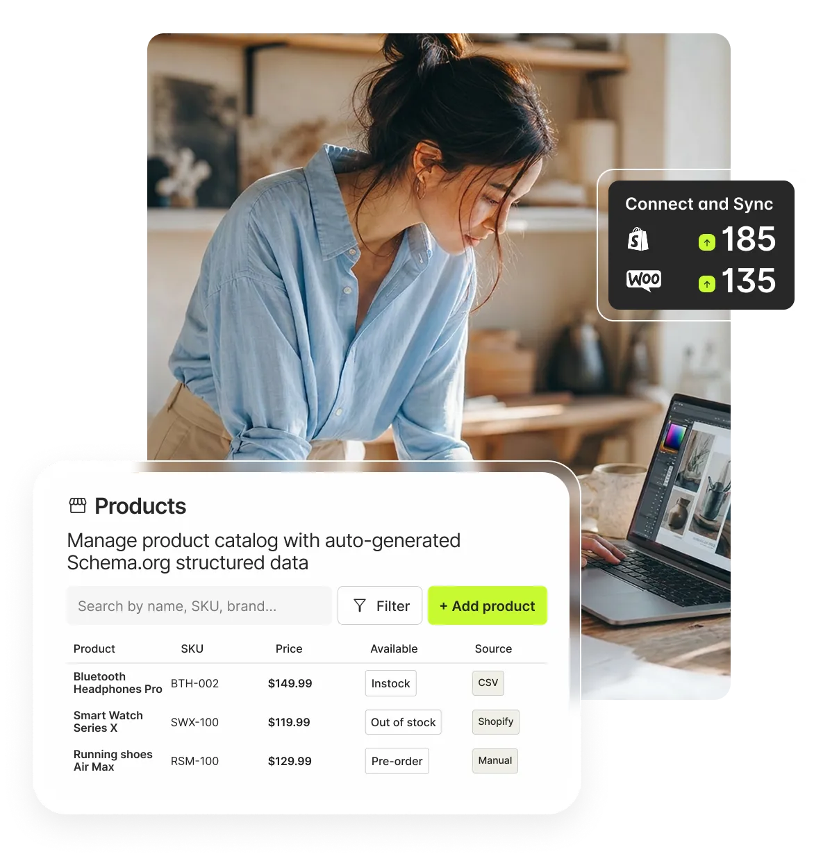 Product catalog panel keeping product data in sync for AI systems