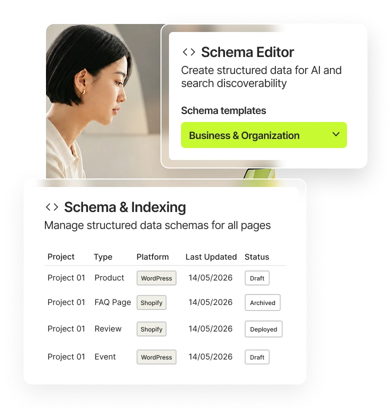 Schema editor showing structured data AI reads, with validation and indexing status