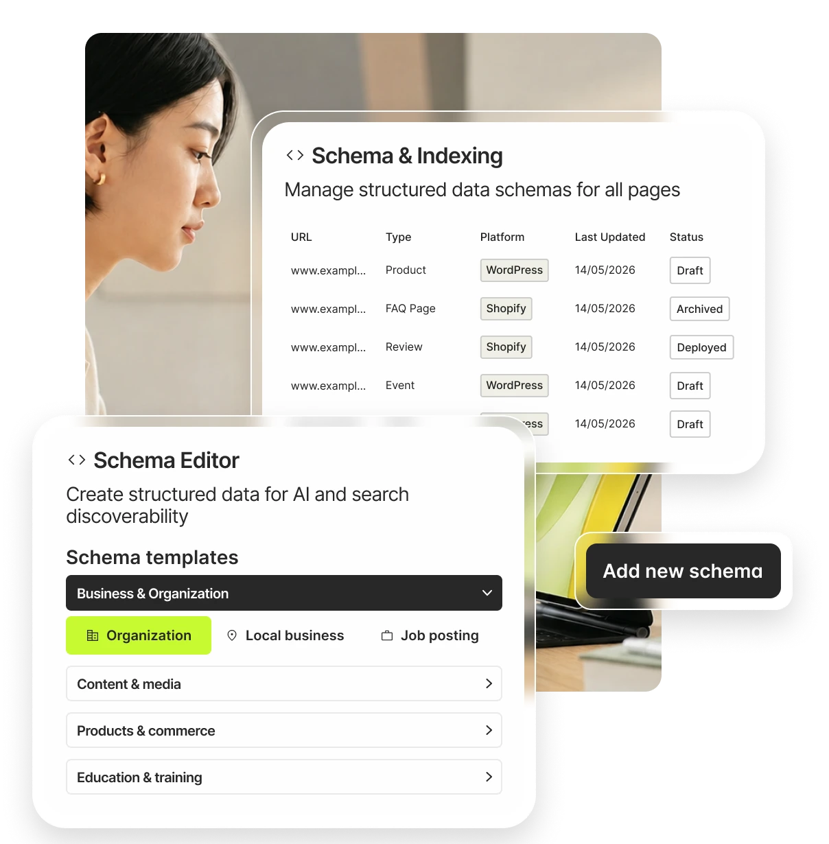 Schema editor showing structured data AI reads, with validation and indexing status