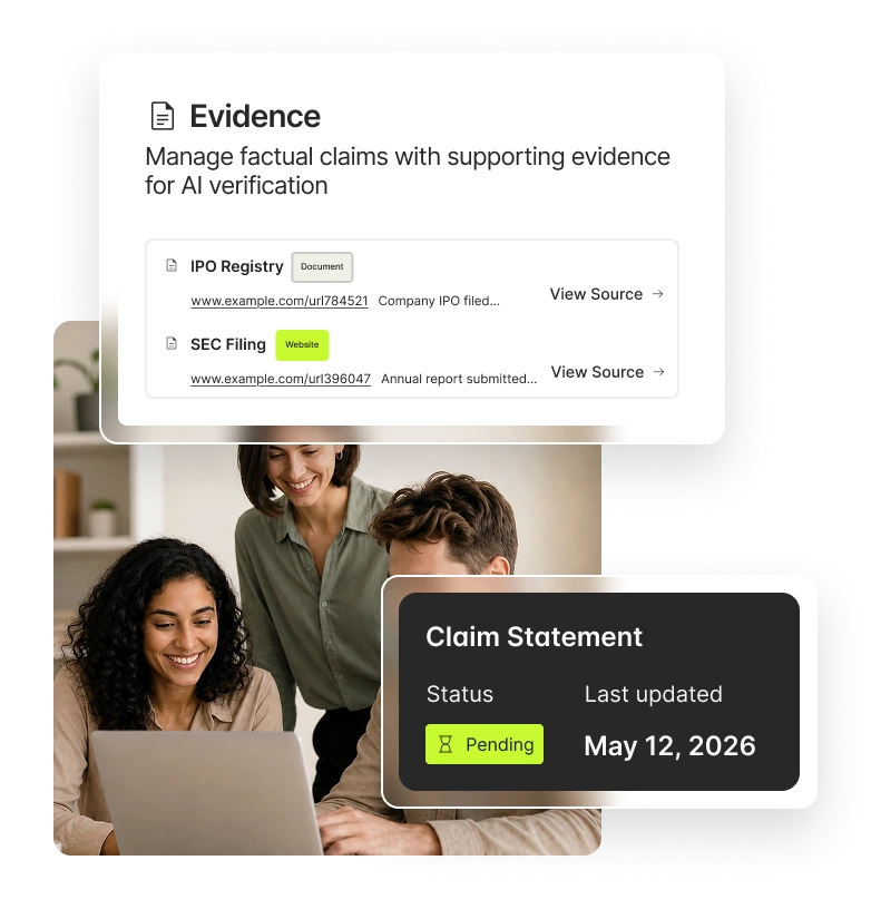 Linked evidence panel showing verified business facts with sources attached
