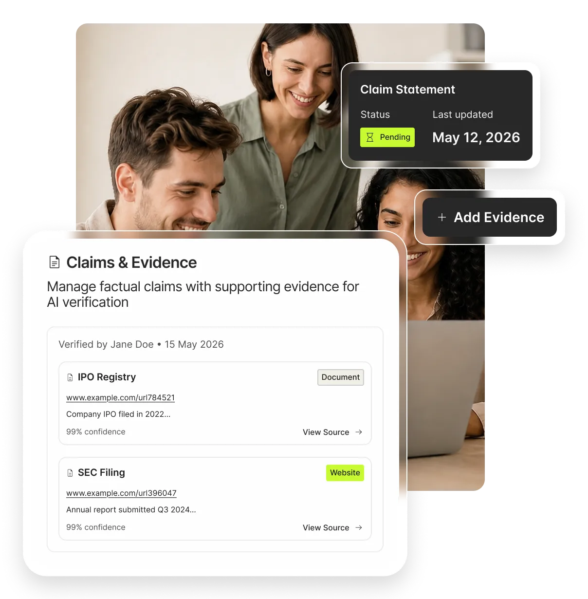 Linked evidence panel showing verified business facts with sources attached